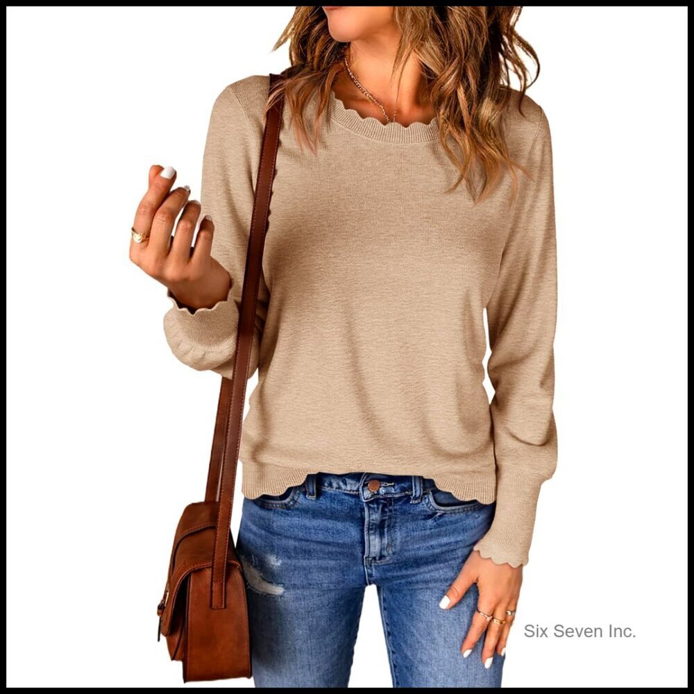 Lightweight Pullover Sweater Scallop Trim Crew Neck Long Sleeve Casual Chic